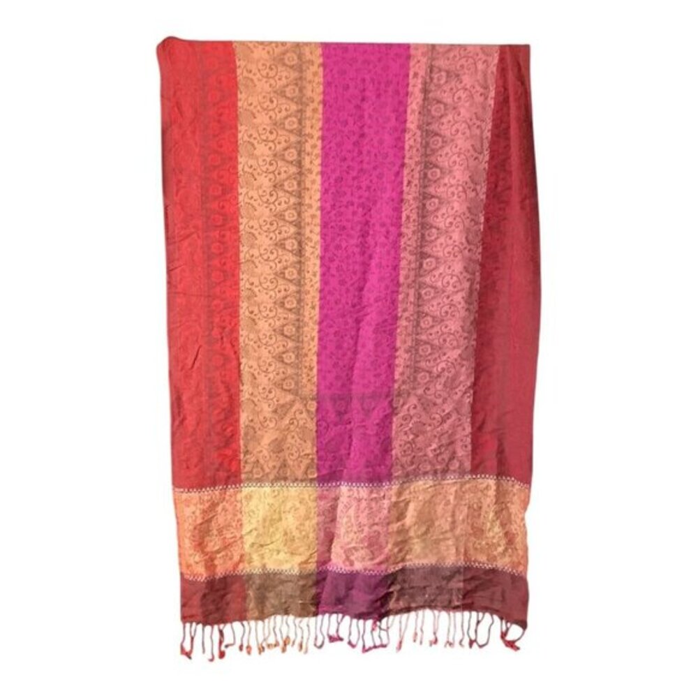 Pashmina Multicolor‎ Rectangle Scarf W/ Fringed Ends & Intricate Floral Patterns